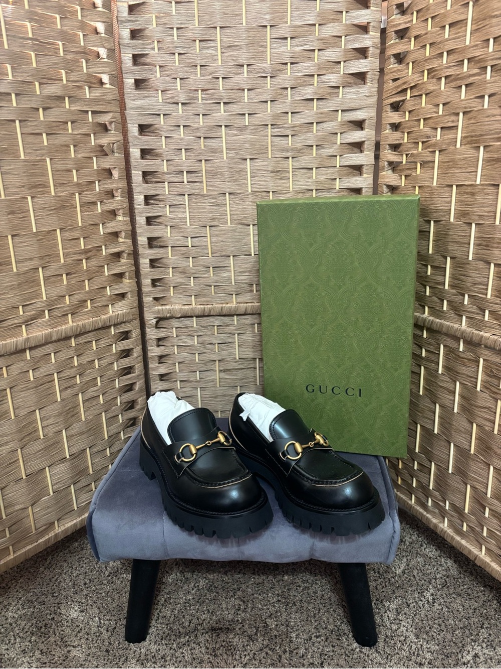 Gucci Black Leather Lug-Sole Loafers with Gold Horsebit